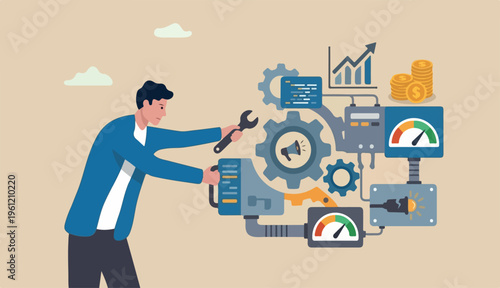 Optimization to improve result, adjust marketing factor profit, efficiency growth, fix process best result concept, businessman using wrench optimize process better performance