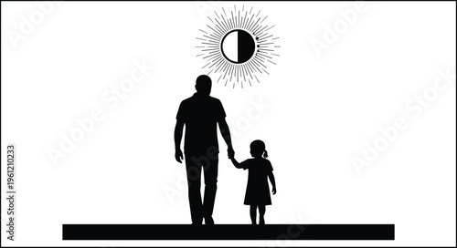 Family silhouette illustration, parent with child, holding hands, sun eclipse scene, cosmic awareness, unity bond, parenting love, childhood connection, vector art, togetherness