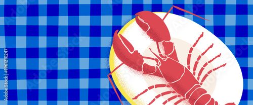 Amalfi coastal charm red lobster on blue tiles pattern. Italian Mediterranean design ideal for summer posters, restaurant menus or seaside home decor.