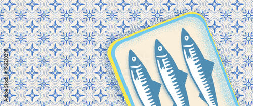 Summer Italian pattern with sardines and Mediterranean tiles. Amalfi coast inspired horizontal design featuring fresh seafood, blue ornaments and vintage summer style for posters.
