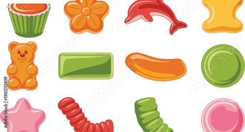 Set of colorful gummy candy vectors including jelly bear dolphin star worm and flower shapes for sweet food snack packaging and children party celebration decoration design.