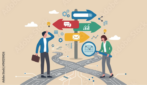 Digital Social media to engage online user concept, young people, advertising agency worker working on internet and digital line with SEO magnifying glass