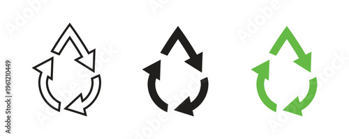 Set of three water drop recycling symbols in black outline and green for liquid conservation and environmental sustainability. Circular economy loops elements vector design.