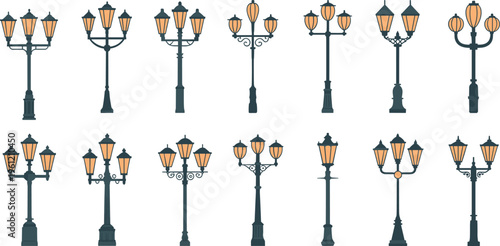 Collection of vintage street lamp vectors with classic ornate designs for urban landscape architecture city park lighting and historical exterior decoration illustration sets.