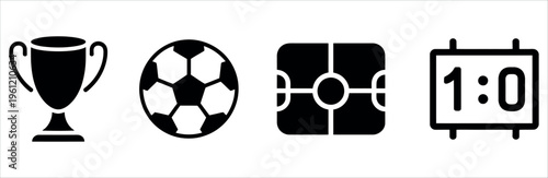 Minimalist flat design icons depicting a soccer trophy, ball, net, and 1-0 scoreboard for sports victory, competition, and success themes in marketing and education.