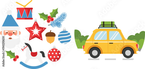 Christmas vector collection featuring a cute Santa Claus face, festive ornaments, a rocking horse, and a yellow travel car with luggage on the roof.