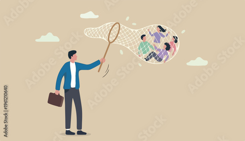 Finding new customers, clients or candidate for vacancy, marketing hr human resources hiring new employees, leads generation prospect concept, businessman with butterfly net catching customers