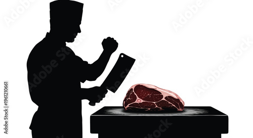 Butcher preparing a large cut of meat displayed in striking silhouette