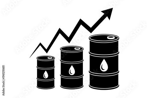Three oil barrels with increasing graph arrow on white background