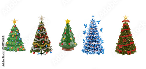A group of five differently decorated christmas trees