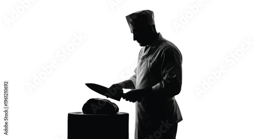 A chef preparing food with a knife depicted in dark tones silhouette
