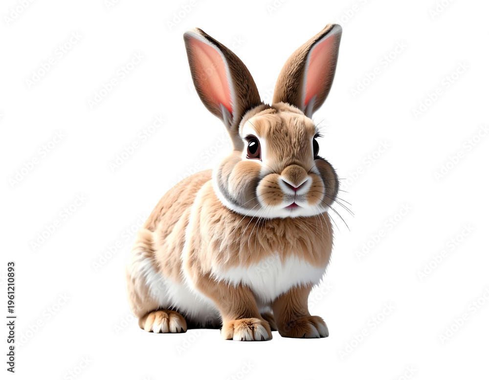 Fototapeta premium Cartoonish fluffy bunny sitting with curious expression, soft brown fur and white chest