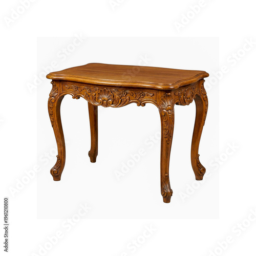 Vintage hand carved wooden side table with ornate floral details on white background