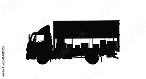 Black silhouette of a box truck with visible cargo space silhouette