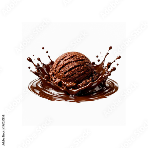 Chocolate ice cream scoop falling into a liquid chocolate splash on white background