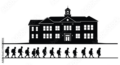 Students walking towards a classic school building depicted in silhouette