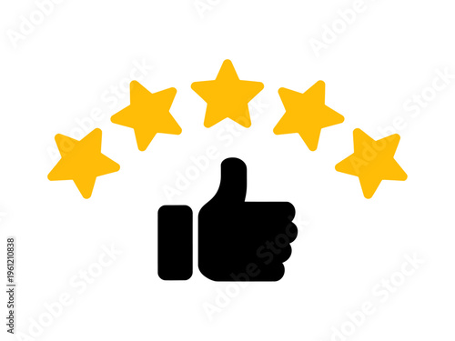 Thumbs up with five yellow stars rating symbol isolated on transparent background