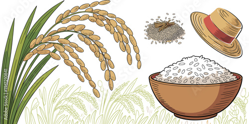 Rice agriculture vector set featuring paddy stalks bowl of white grains farmer straw hat and organic farm harvesting elements for food industry and Asian cultivation designs.