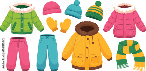 Set of winter clothing icons including jackets coats hats gloves and scarves for seasonal weather fashion and cold climate outdoor activities.