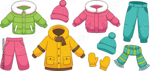 Set of winter clothing icons including jackets coats hats gloves and scarves for seasonal weather fashion and cold climate outdoor.