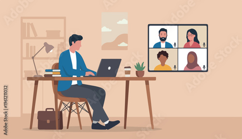 Work from home video conference meeting team social distancing Coronavirus COVID-19 pandemic concept, office home working chair conference meeting team laptop computer