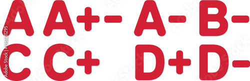 Red blood type letters set with plus and minus symbols for medical health infographic healthcare design and laboratory blood donation education concept vec