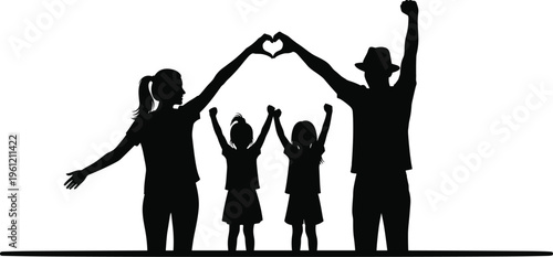 Family silhouette with heart shape, parents and children unity, love bond, parenting care, togetherness concept, joyful connection, flat vector illustration