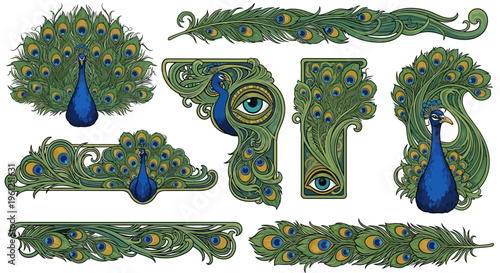 Art Nouveau Peacock Motifs and Iridescent Feather Vector Borders