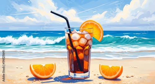 Refreshing glass of iced tea with orange slice on beach by ocean waves on sunny day with cloudy blue sky