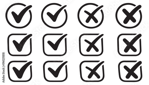 Green Checkmark and Red Cross Icons Set – Approval and Rejection Symbols in Circle and Square Outline Style