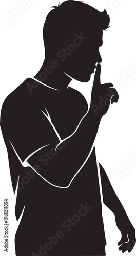 Man Showing Silence Gesture – Shh Sign Silhouette Black and White Vector Illustration.