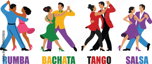 Professional ballroom dance couple collection featuring rumba bachata tango and salsa dancers in colorful flat vector style for latin music party and dance studio promotion design.