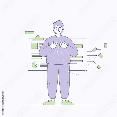 Person standing with hands on chest feeling calm.