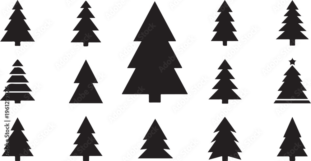 Obraz premium Collection of various Christmas tree silhouettes on white background