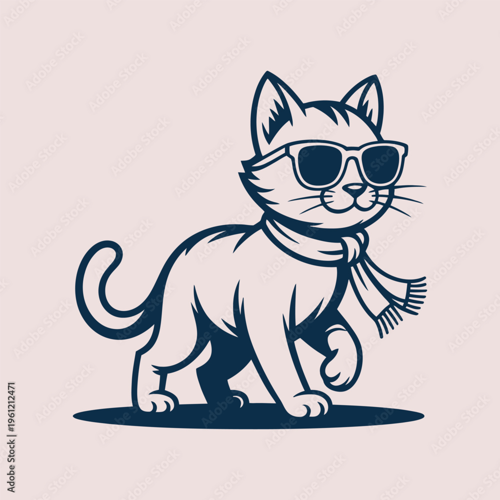 Obraz premium Cool cat wearing sunglasses and scarf cartoon vector illustration. Perfect for pet fashion branding kids graphics t shirt designs stickers and trendy mascot artwork.
