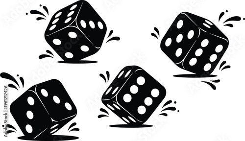 Flat vector illustration four dice in motion with splash marks, gambling concept, casino game, luck chance, rolling dice artwork