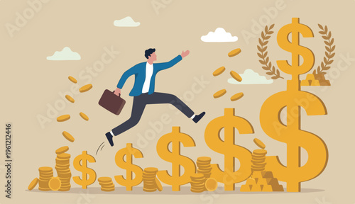 Growth earning investment, income bonus career in to success financial business concept, businessman professional manager into walking jumping growth golden dollar signs.
