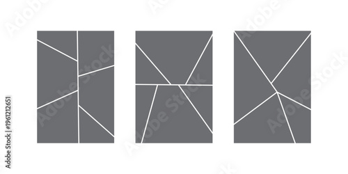 Image collage layout template set. Black mosaic mood board grid collection. Vector 6-7 picture slot composition arrangement. Photo album or memory wall idea for banner, poster, mockup, flyer, brochure