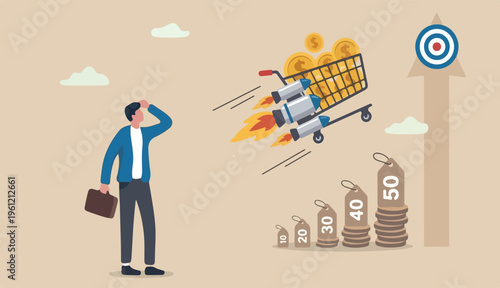 Boost sales and increase profit, achieve to sales target develop business growth, inflation price concept, shopping cart trolley into fast rocket booster flying hight the sky