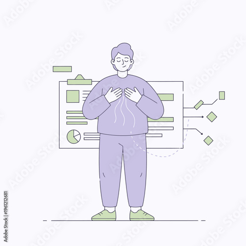 Person standing with hands on chest feeling calm.