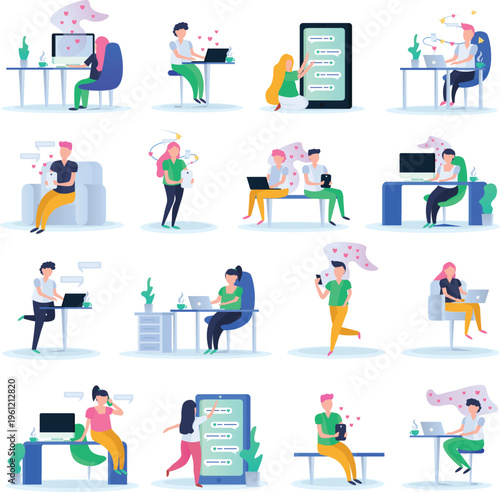 People using computers and phones in various settings