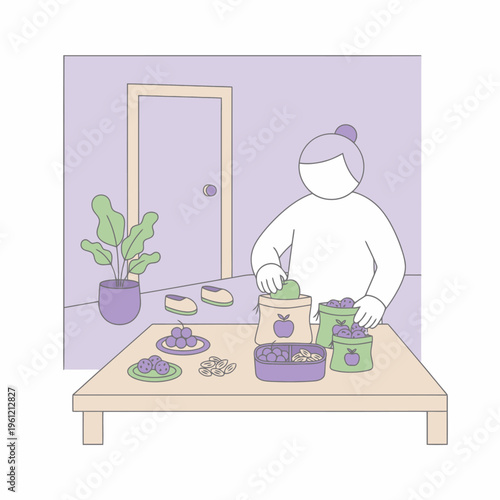 Person preparing food in containers on a table.