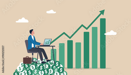 Revenue growth or investment profit increase earning too wealth accumulate, growing income, financial analysis concept, businessman working with computer laptop on dollar sign money with rising graph