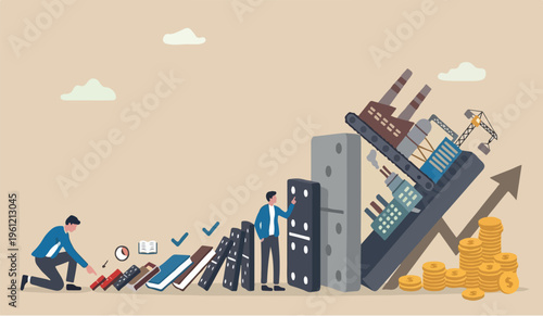 Small to for gohabits change increase productivity,Big industrial efficiency or improvement, easy way to win business success or make a big impact concept, businessman pushing tiny domino to make