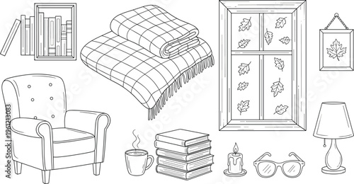 Cozy Home Interior Line Art Icon Set Featuring Armchair, Blanket, Books, Window, Lamp and Autumn Hygge Elements Collection