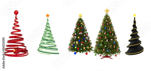 A group of uniquely decorated christmas trees