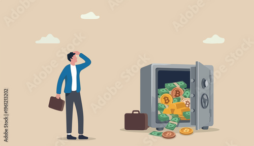 Alternative financial assets, crypto currency bitcoin, cash a gold for investment retirement plan concept, businessman investor standing with security safe with full cash, gold bitcoin inside