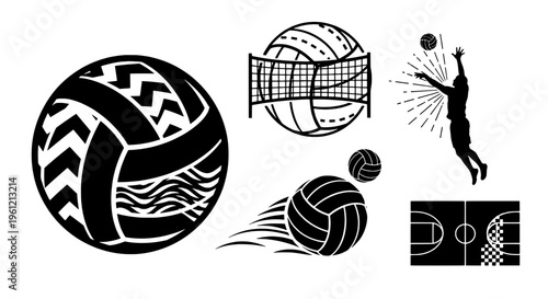 Volleyball set with black silhouettes and various court designs and patterns featuring volleyballs, sports, sport with game and games elements for