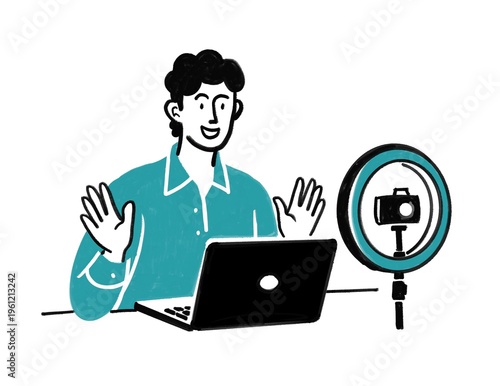 Tableau sur toile Ilustración de influencer grabando un capitulo de su serie con su laptop, camara