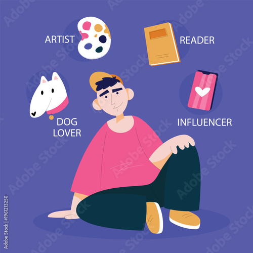 A cartoon man with multiple interests